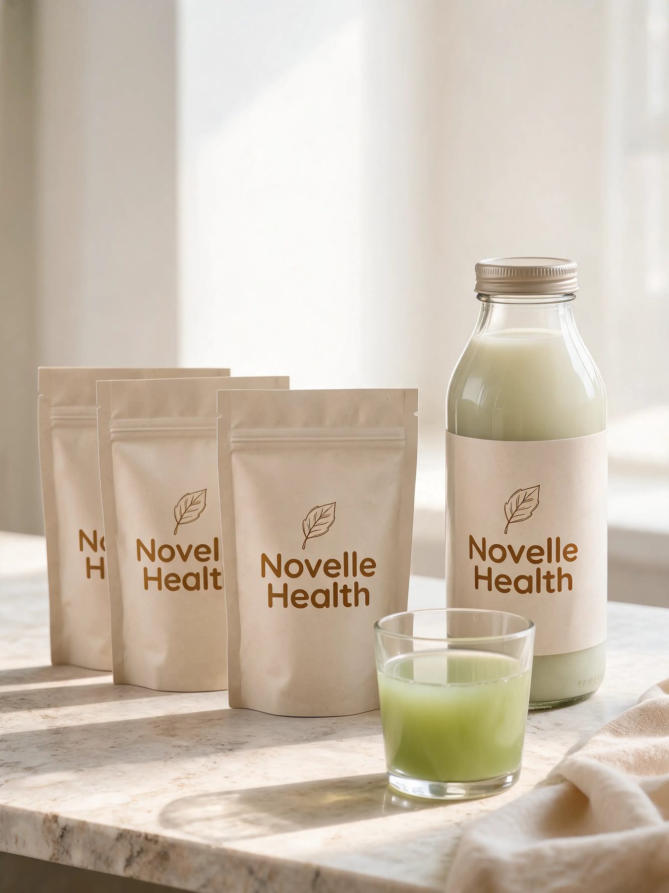 Glass jars of wellness powders and capsules in soft morning light